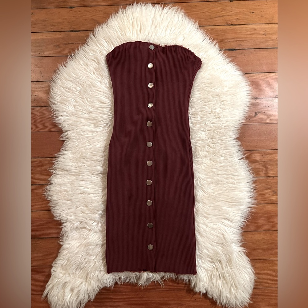 Burgundy Ribbed Knit Strapless Tube Top Button Down Midi Dress NWOT